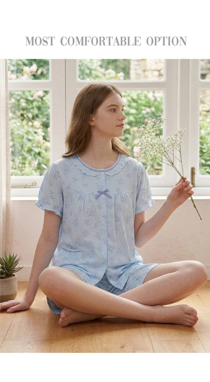水漾小花 柔軟舒眠棉質 睡衣睡褲成套組(藍)
