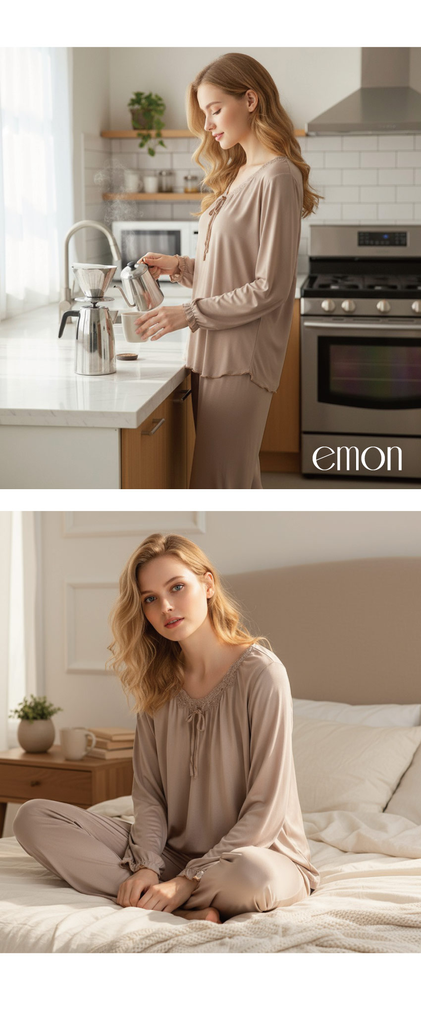 微光 絲柔緞面 睡衣睡褲成套組(駱駝色)