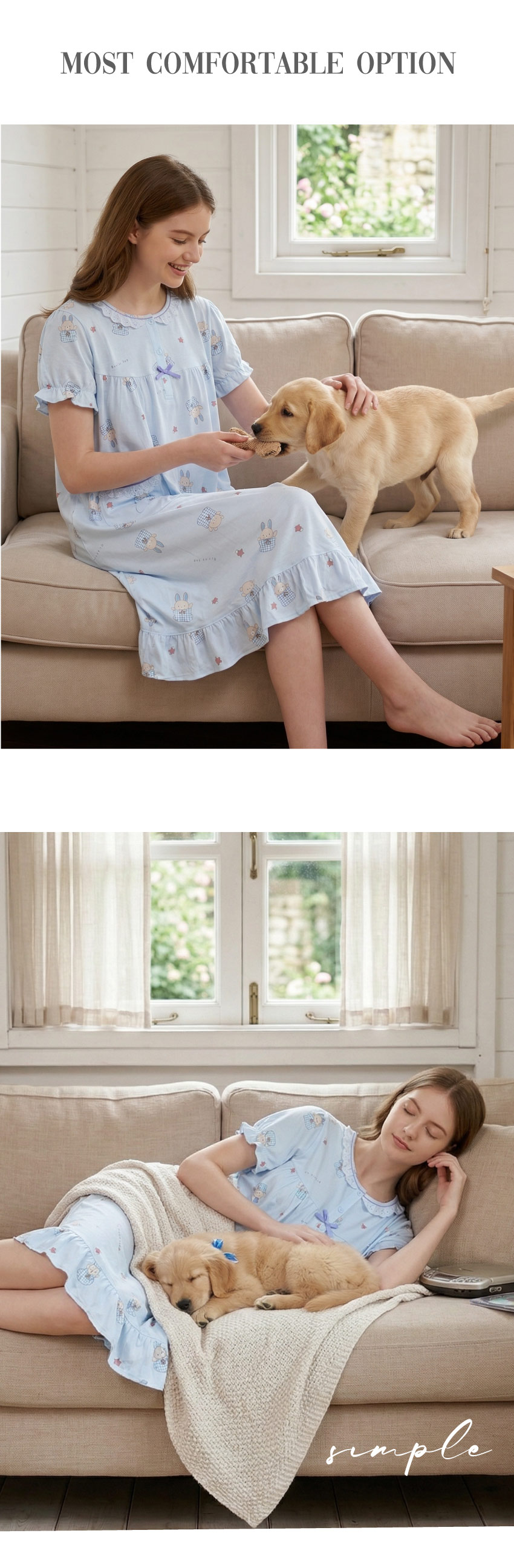 睡萌聚落 柔軟舒眠棉質 連身裙睡衣(藍)