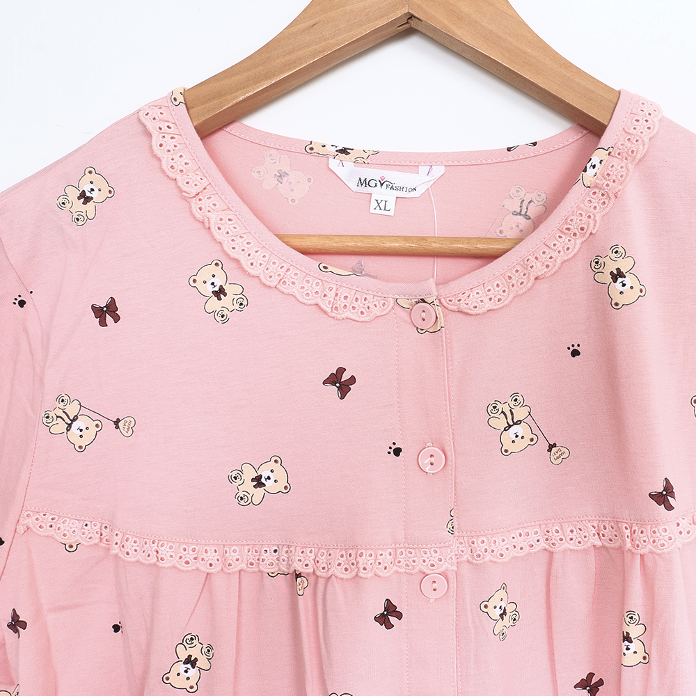 掬米熊熊 柔軟舒眠棉質 連身裙睡衣(粉)