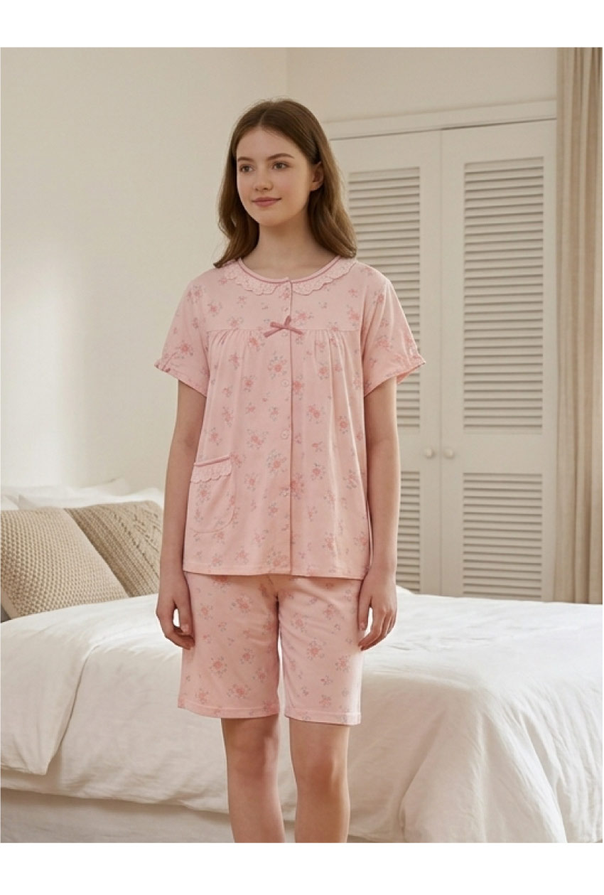 水漾小花 柔軟舒眠棉質 睡衣睡褲成套組(粉色)