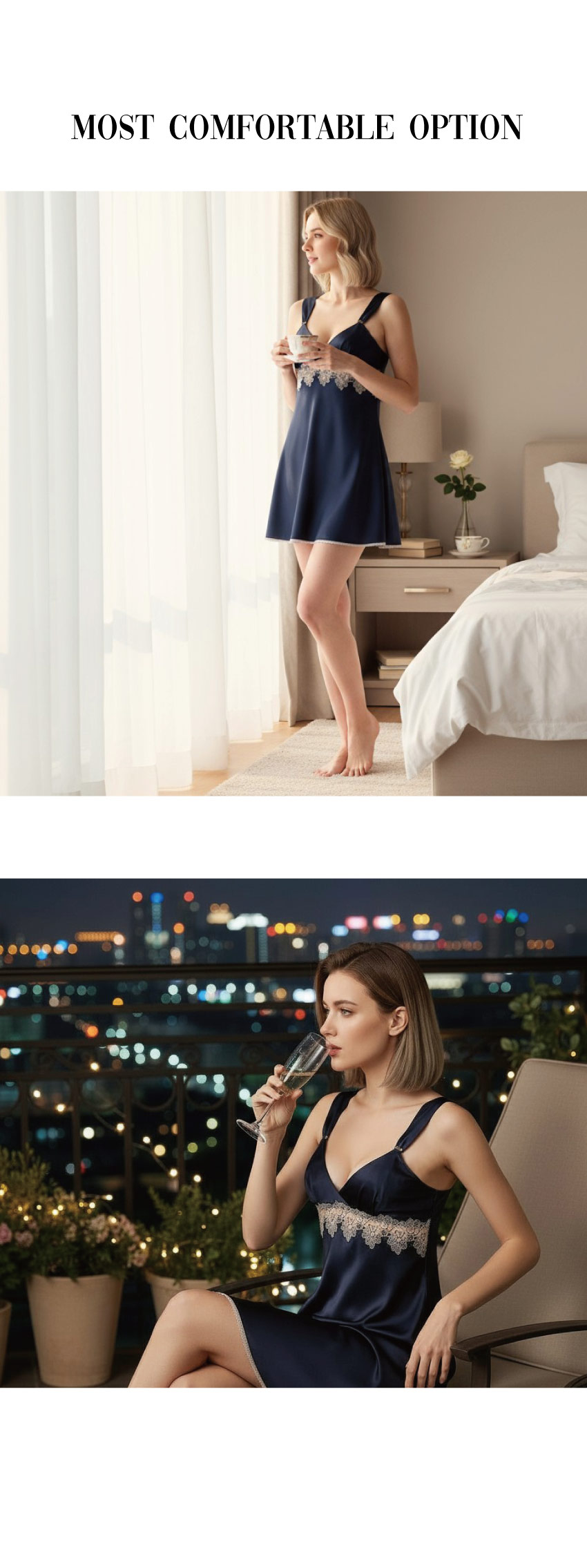 夜色時光 絲柔緞 細肩帶性感開岔連身裙睡衣(藍)