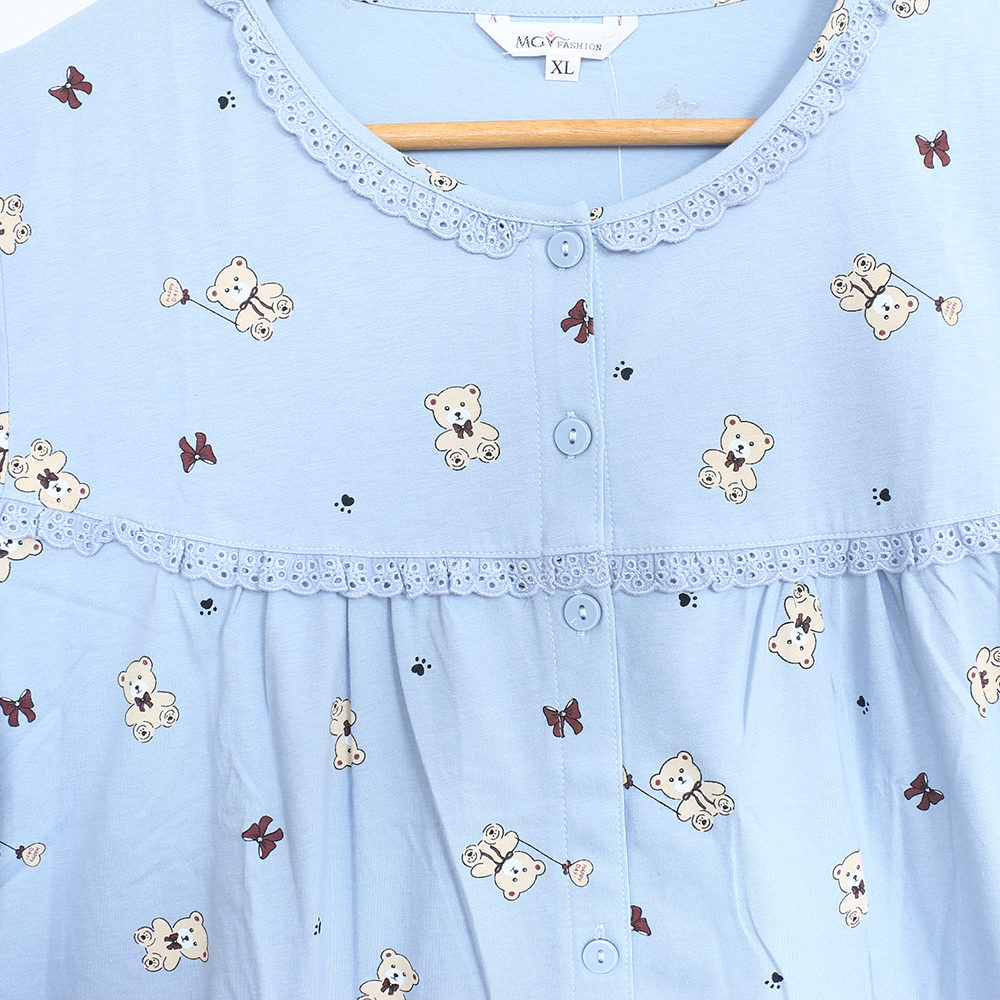 掬米熊熊 柔軟舒眠棉質 連身裙睡衣(藍)