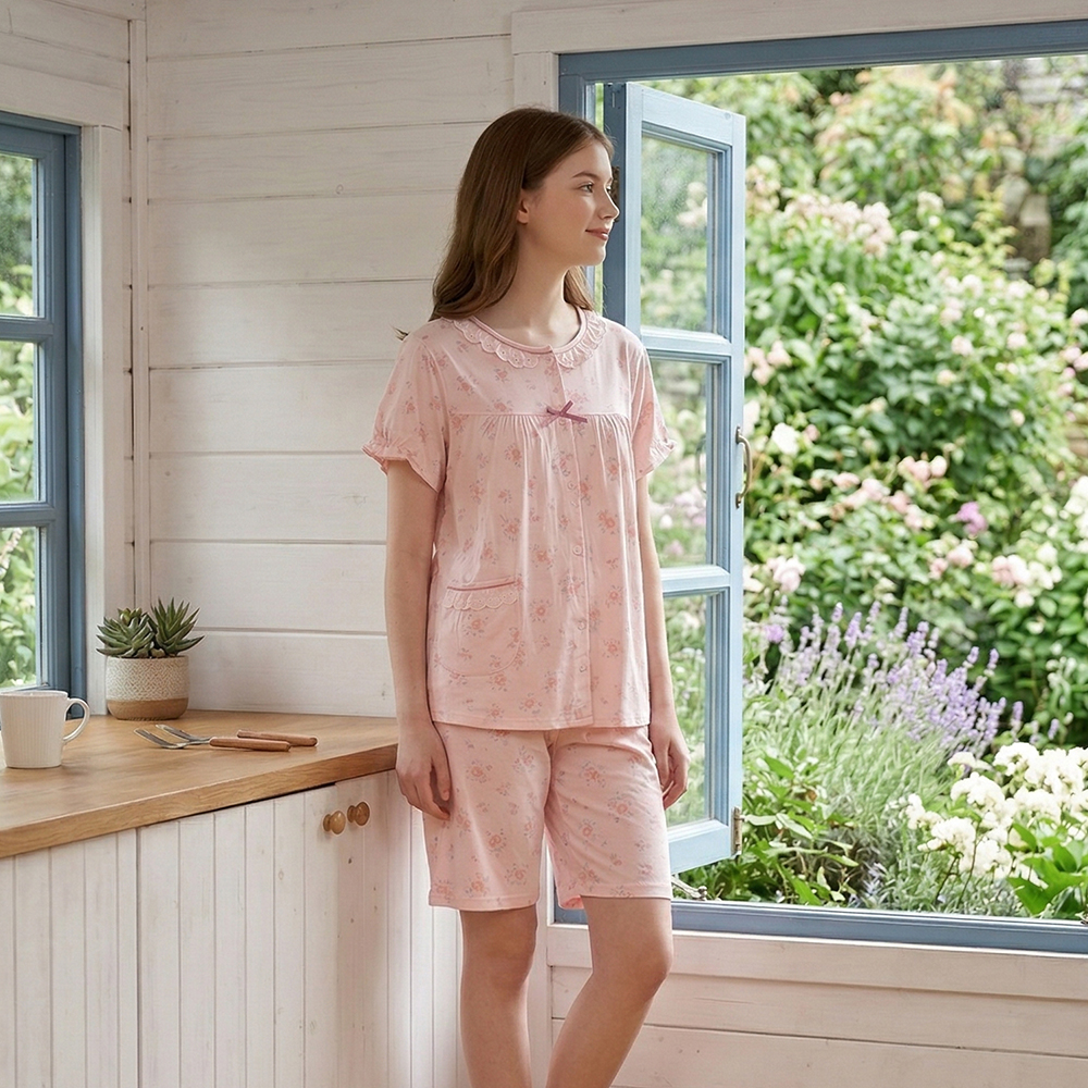 水漾小花 柔軟舒眠棉質 睡衣睡褲成套組(粉色)