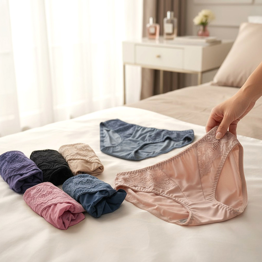 牛奶絲杯型微性感蕾絲 三角褲 3件組(隨機色)