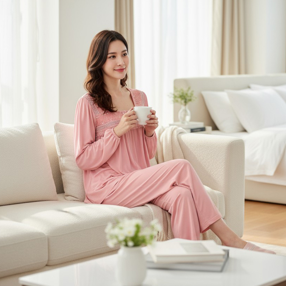 唯美通透 流蘇蕾絲睡衣睡褲成套組(豆沙色)