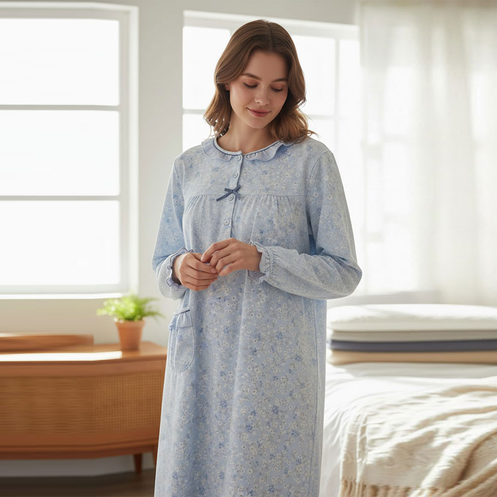 田園小花 柔軟舒眠棉質 連身裙睡衣(藍色)