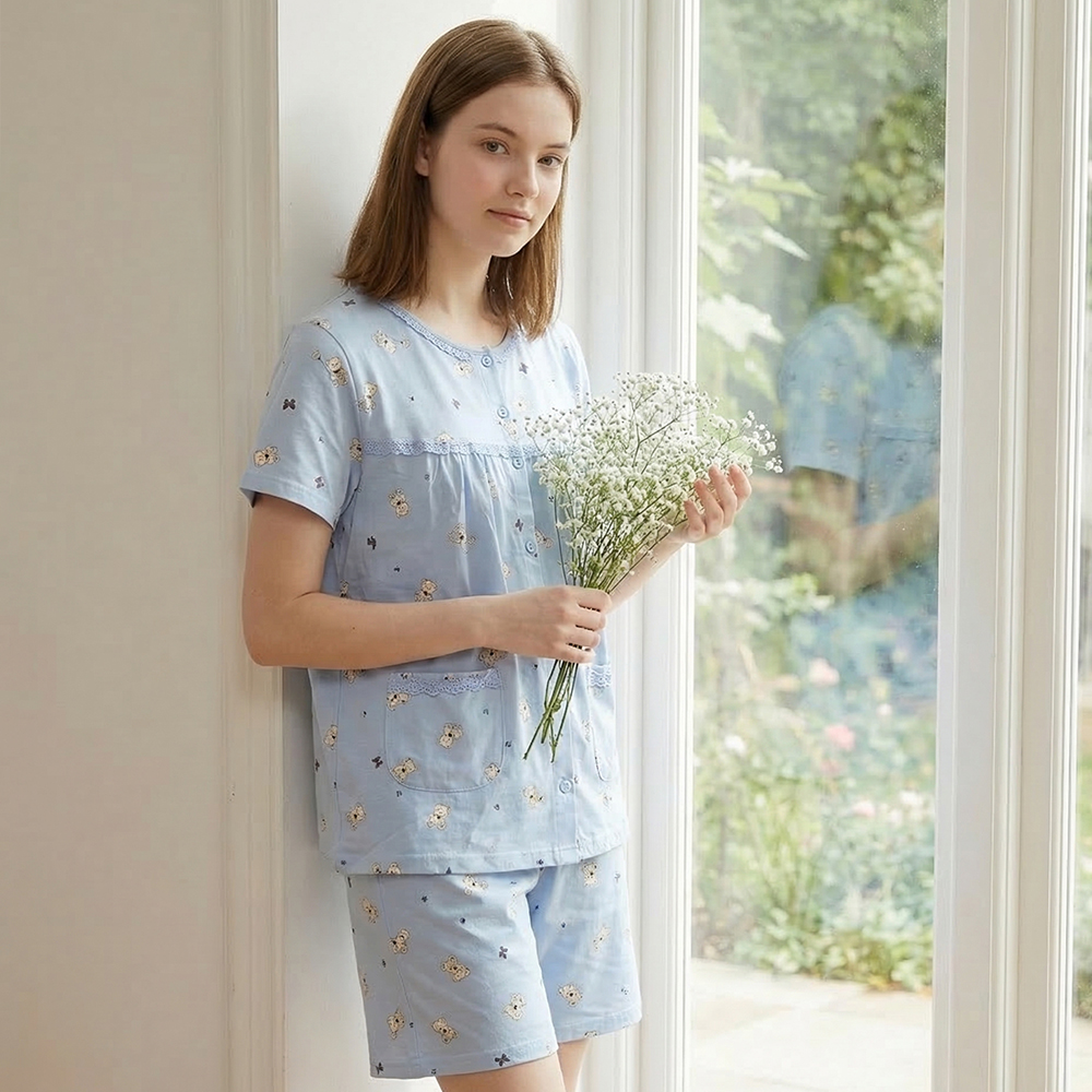 掬米熊熊 柔軟舒眠棉質 睡衣睡褲成套組(藍)