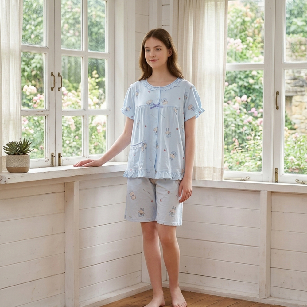 睡萌聚落 柔軟舒眠棉質 睡衣睡褲成套組(藍色)