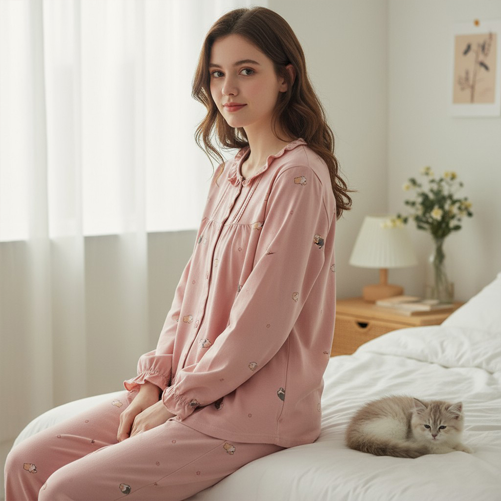 軟萌柯基 柔軟舒眠棉質 睡衣睡褲成套組(粉柑色)