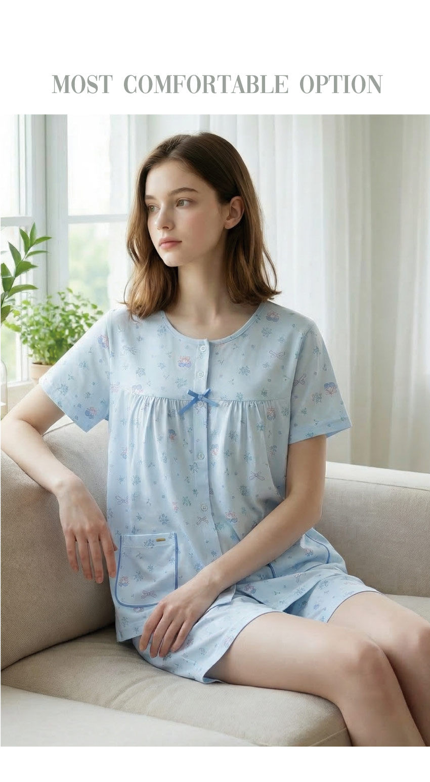 櫻桃小花 柔軟舒眠棉質 睡衣睡褲成套組(藍色)