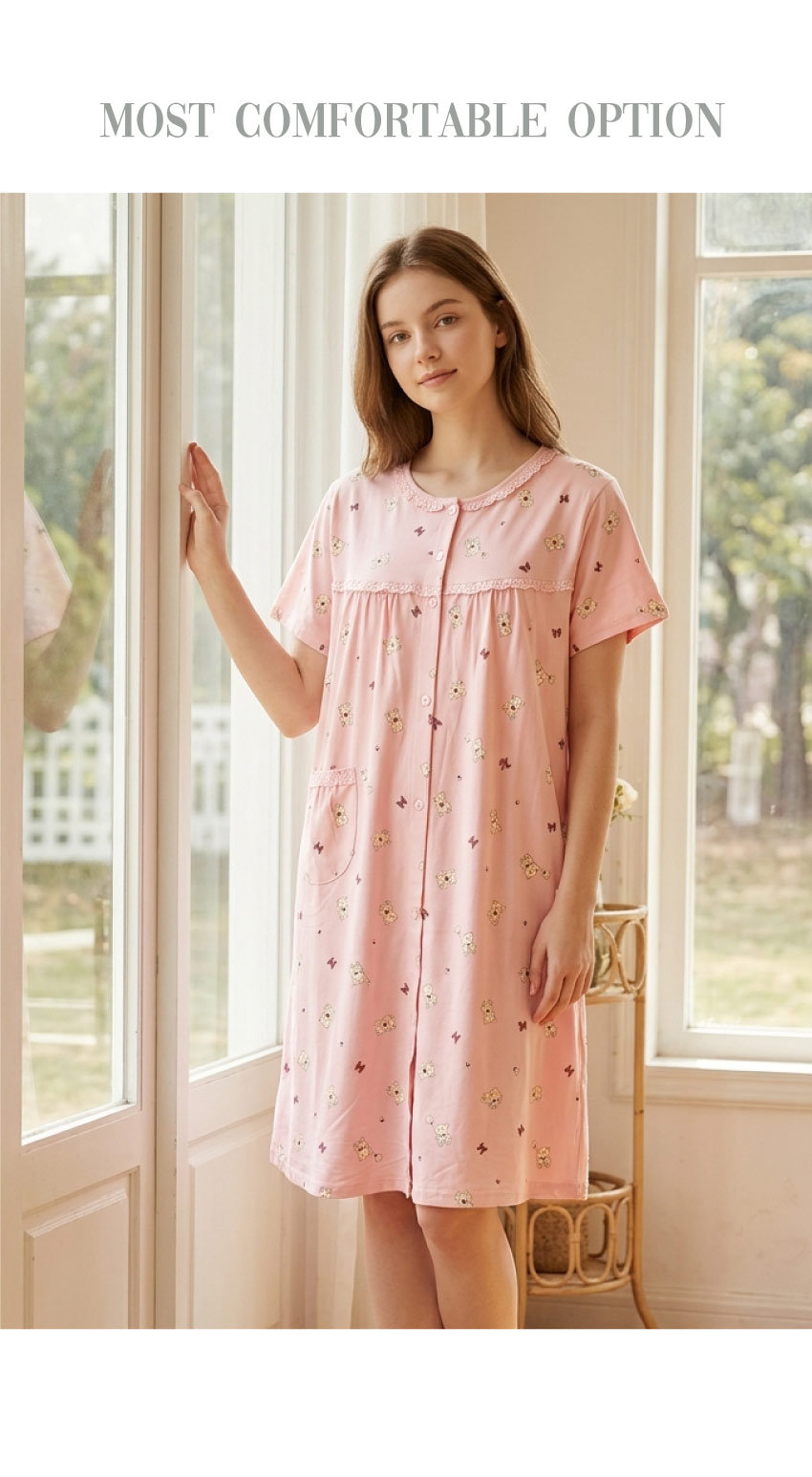 掬米熊熊 柔軟舒眠棉質 連身裙睡衣(粉)