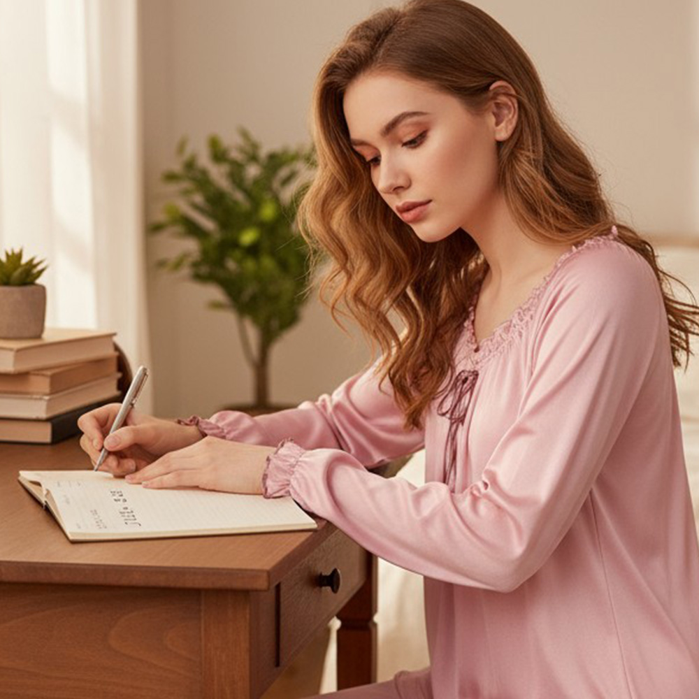 微光 絲柔緞面 睡衣睡褲成套組(豆沙紅)