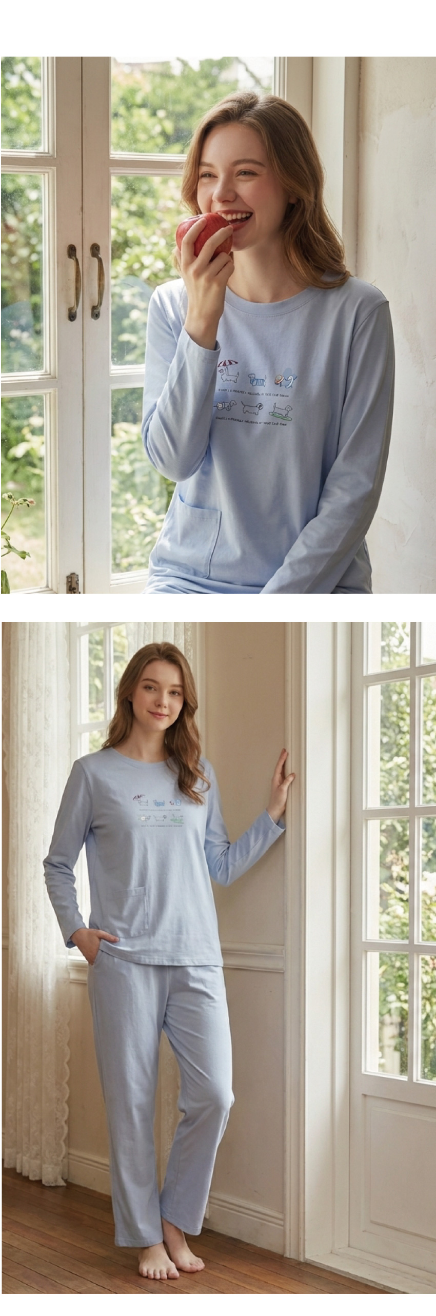 毛狗狗渡假中 柔軟舒眠棉質 睡衣睡褲成套組(藍色)