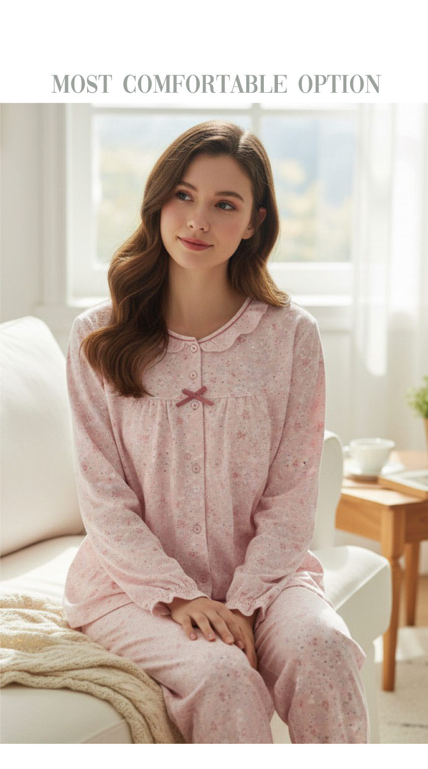 田園小花 柔軟舒眠棉質 睡衣睡褲成套組(粉色)