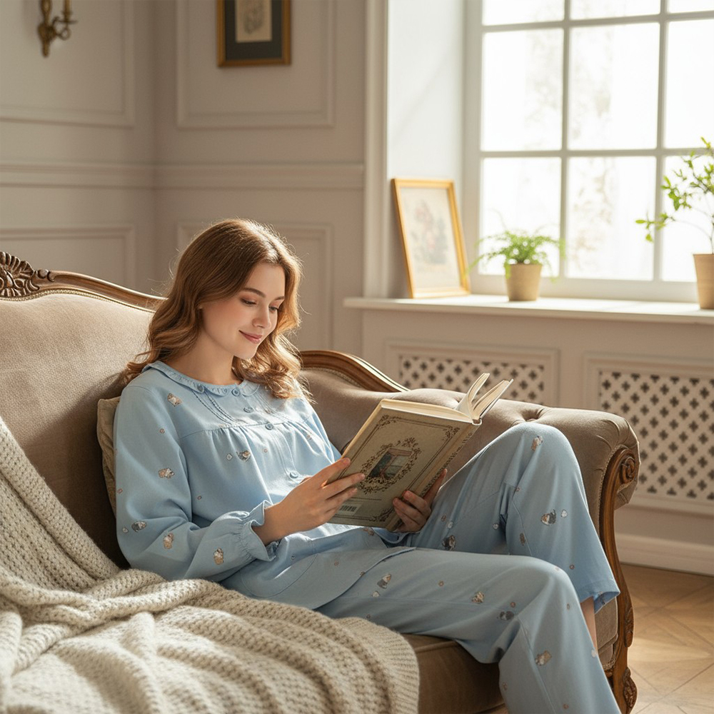 軟萌柯基 柔軟舒眠棉質 睡衣睡褲成套組(藍色)