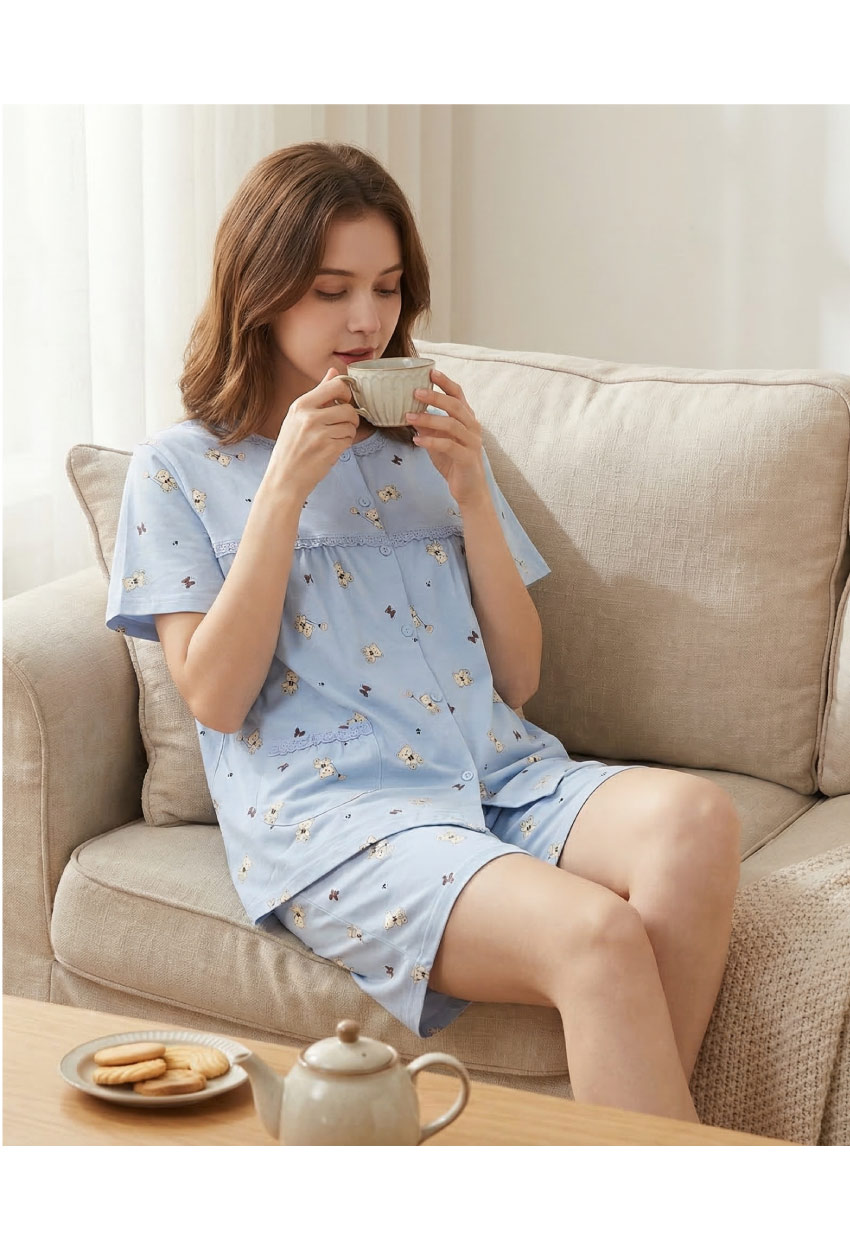 掬米熊熊 柔軟舒眠棉質 睡衣睡褲成套組(藍)