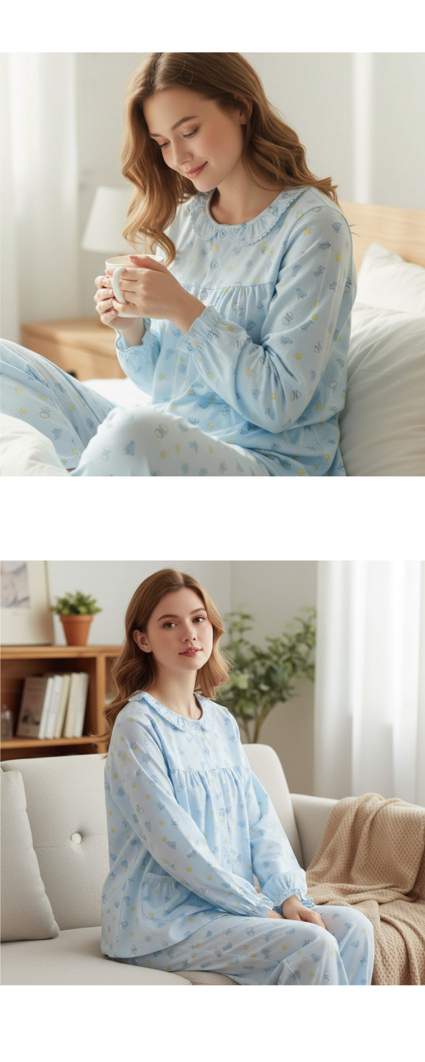 萌感小雞 柔軟舒眠棉質 睡衣睡褲成套組(藍色)