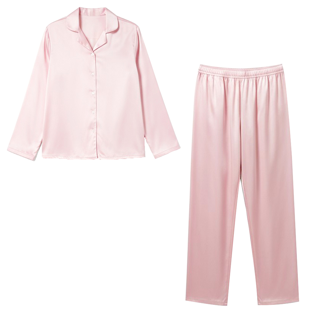 MIT台灣製 簡約 光澤絲柔緞面 睡衣睡褲成套組(粉)