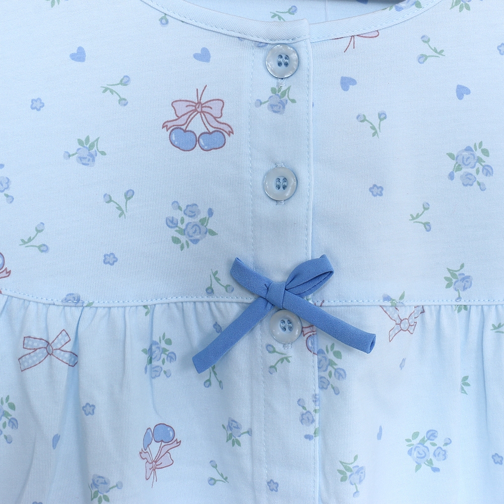 櫻桃小花 柔軟舒眠棉質 睡衣睡褲成套組(藍色)