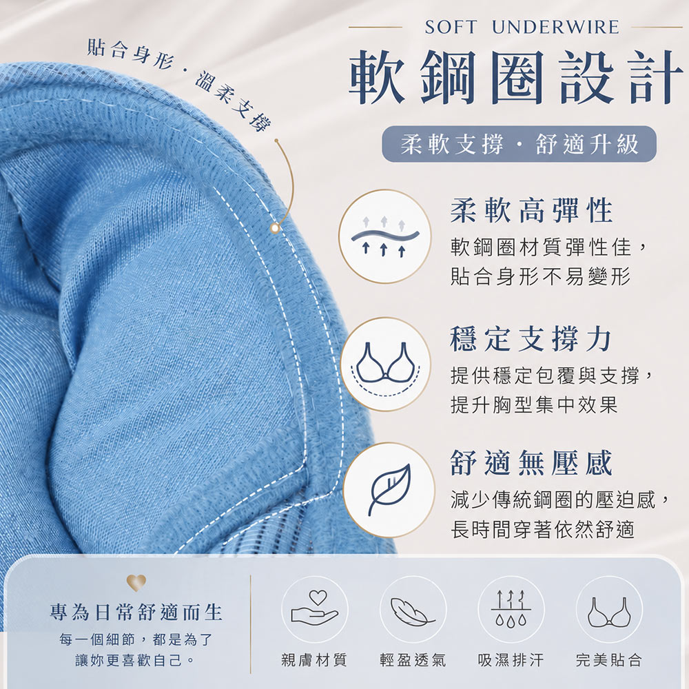 晨曦拾光 軟鋼圈 深V低脊心包覆機能型內衣C罩杯(灰藍色)