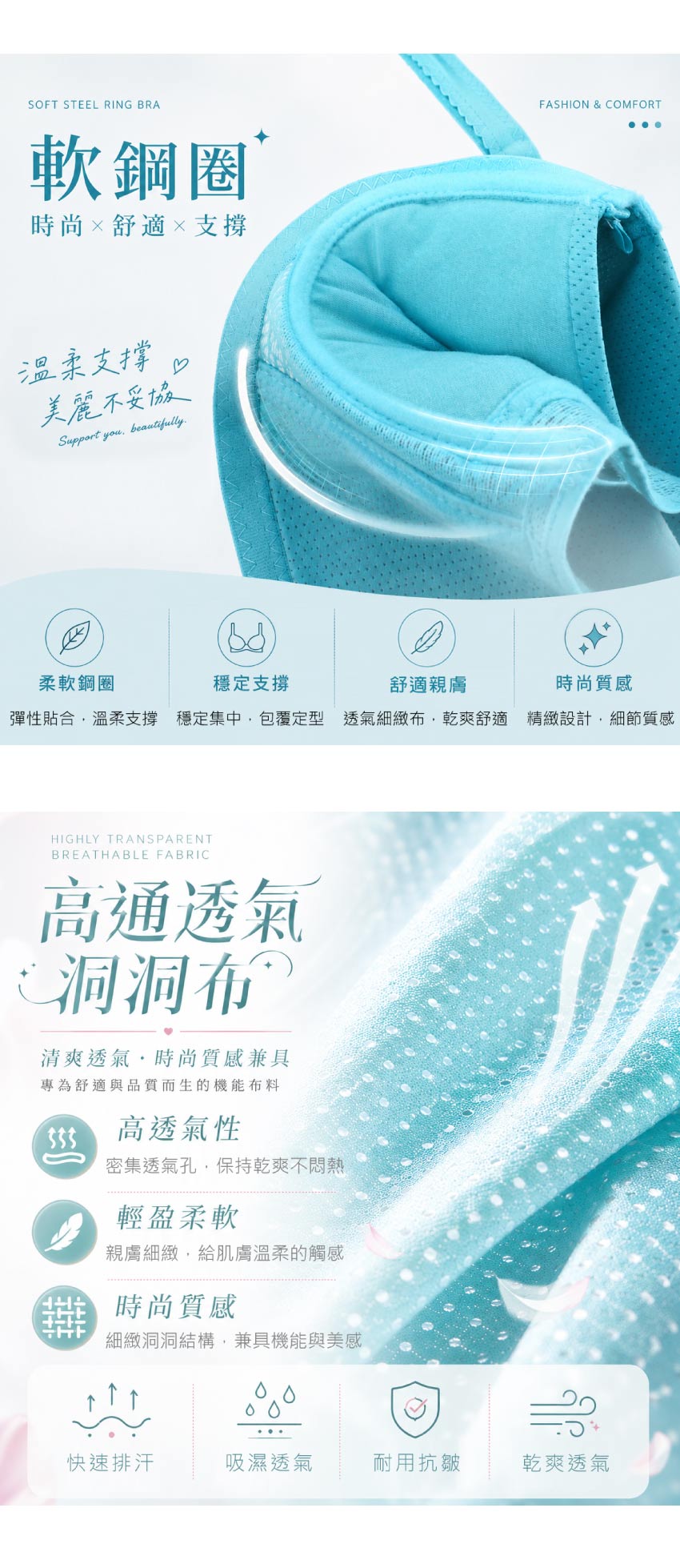花氧 軟鋼圈 深V低脊心 高通透包覆機能型內衣B罩杯(湖水綠)