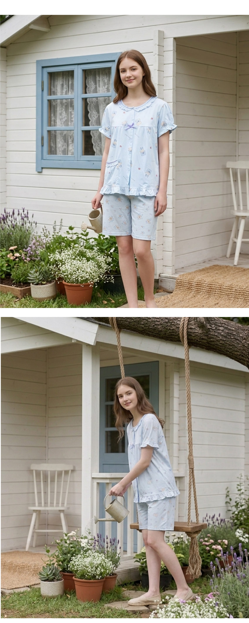 睡萌聚落 柔軟舒眠棉質 睡衣睡褲成套組(藍色)