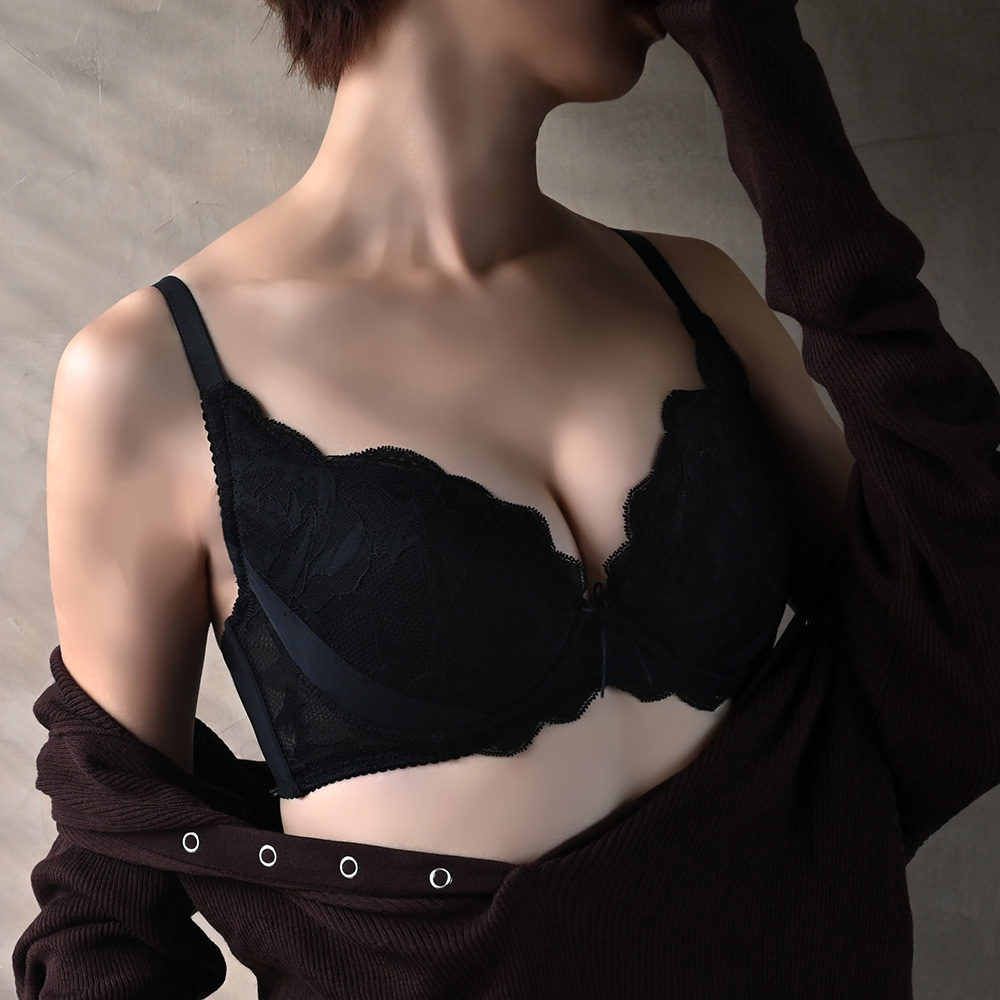 午夜朦朧 性感蕾絲 包覆集中舒棉內衣CD罩杯(黑)
