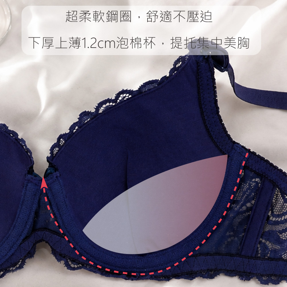 《軟鋼圈》法系女神花雕蕾絲內衣(紫藍色)32-34A