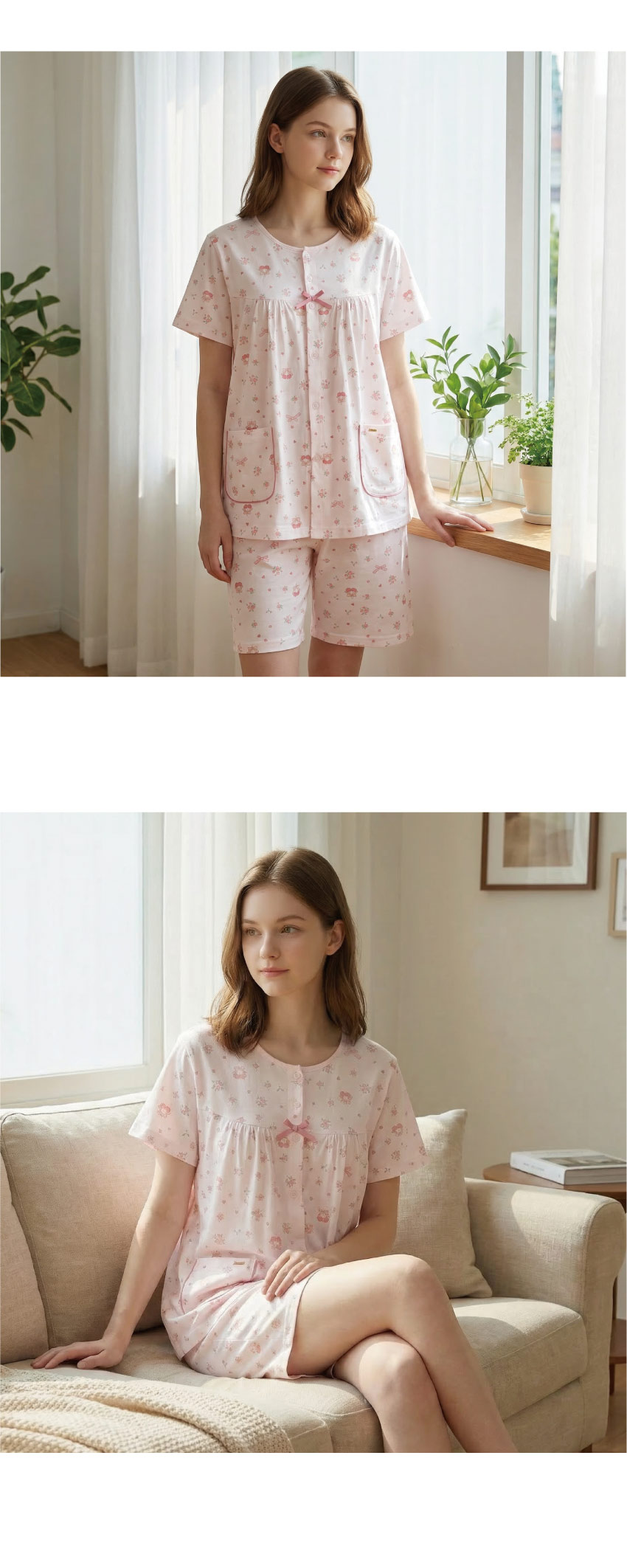 櫻桃小花 柔軟舒眠棉質 睡衣睡褲成套組(粉色)