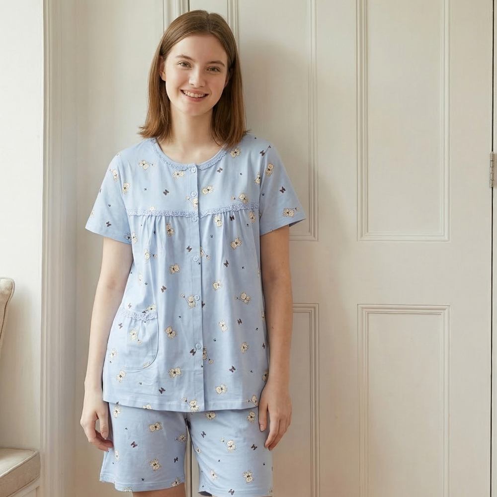 掬米熊熊 柔軟舒眠棉質 睡衣睡褲成套組(藍)