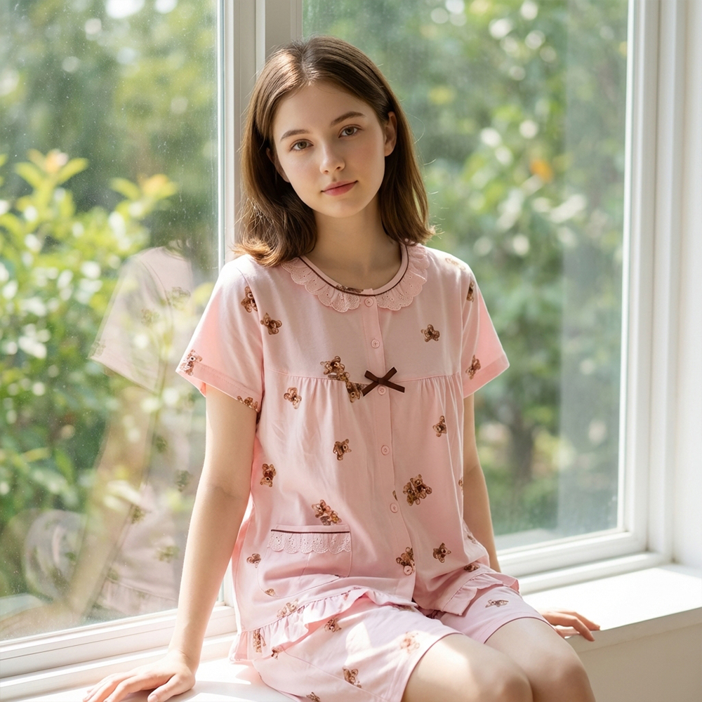 熱戀熊熊 柔軟舒眠棉質 睡衣睡褲成套組(粉)