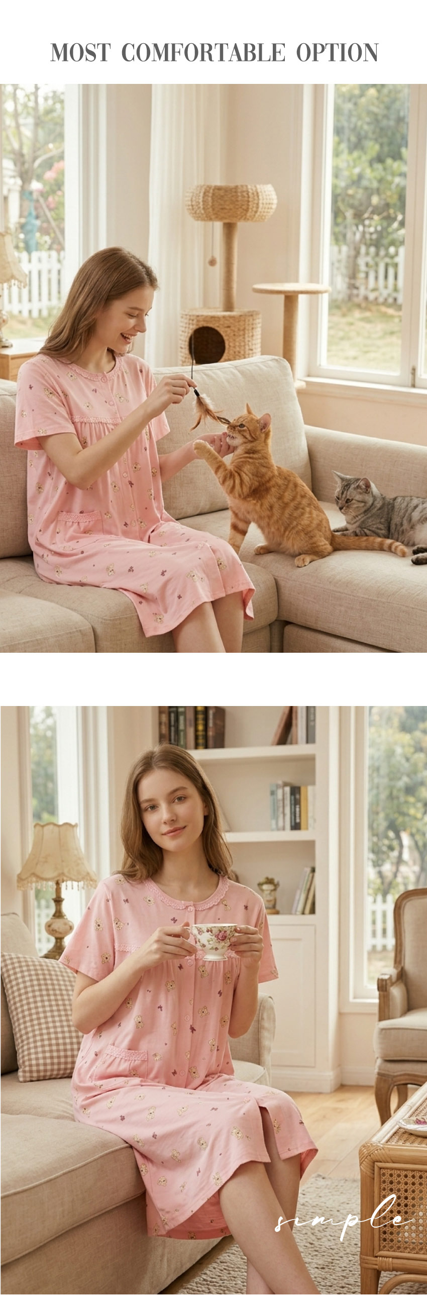 掬米熊熊 柔軟舒眠棉質 連身裙睡衣(粉)