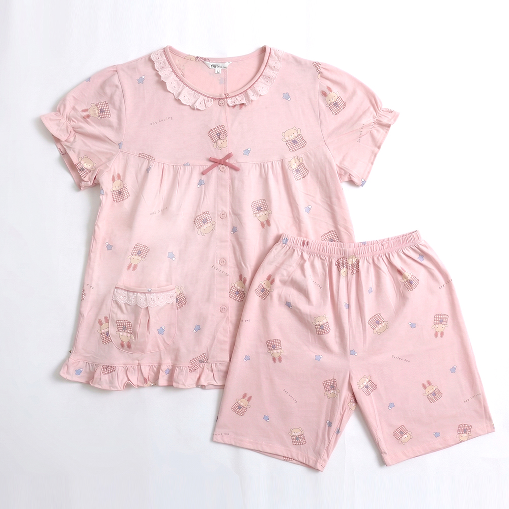 睡萌聚落 柔軟舒眠棉質 睡衣睡褲成套組(粉色)