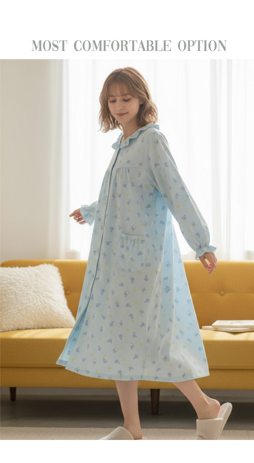 萌感小雞 柔軟舒眠棉質 連身裙睡衣(藍色)