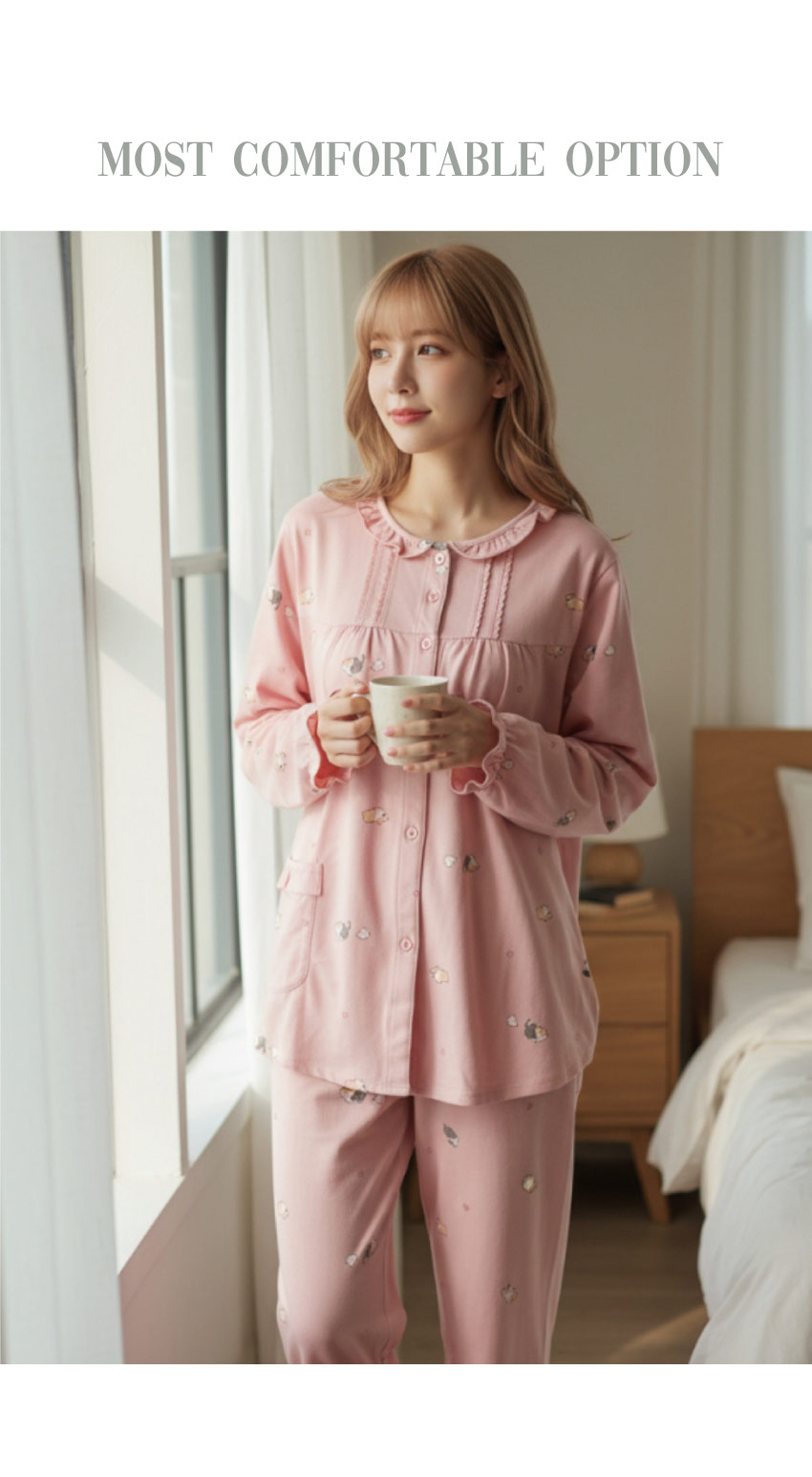 軟萌柯基 柔軟舒眠棉質 睡衣睡褲成套組(粉色)