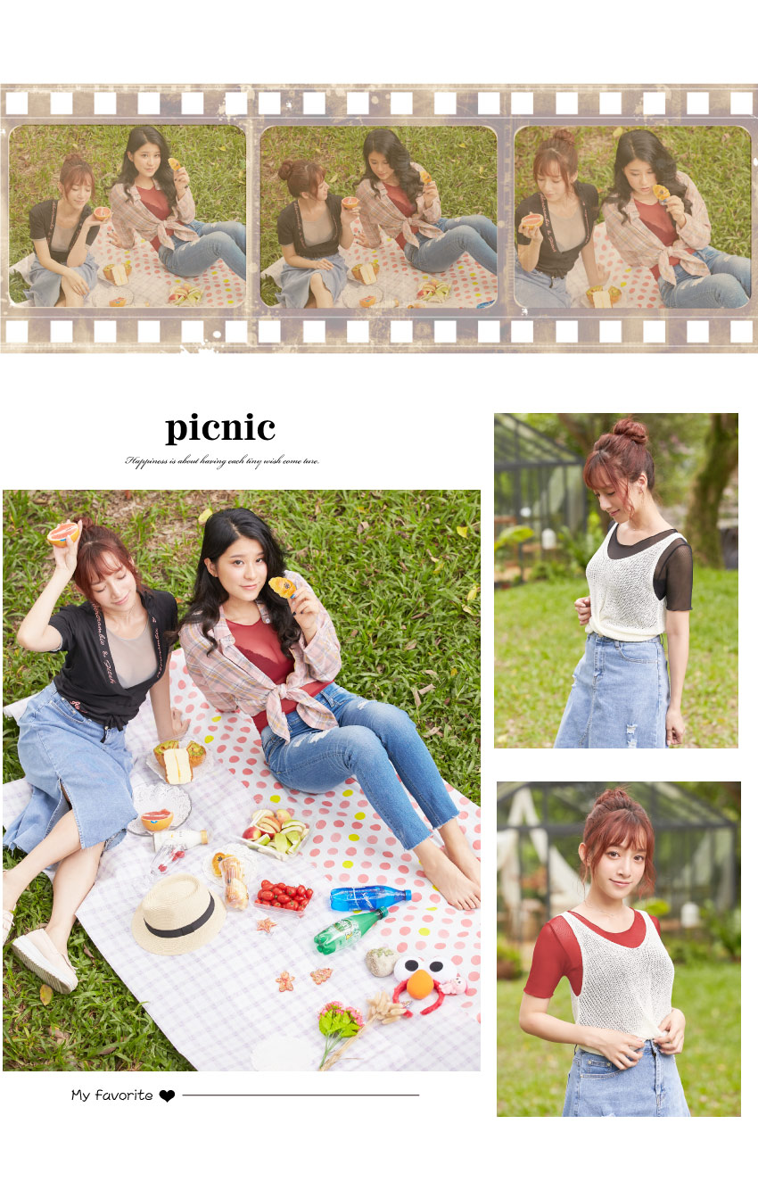 MIT 圓領短袖 性感透肌網紗打底罩衫((棗紅)