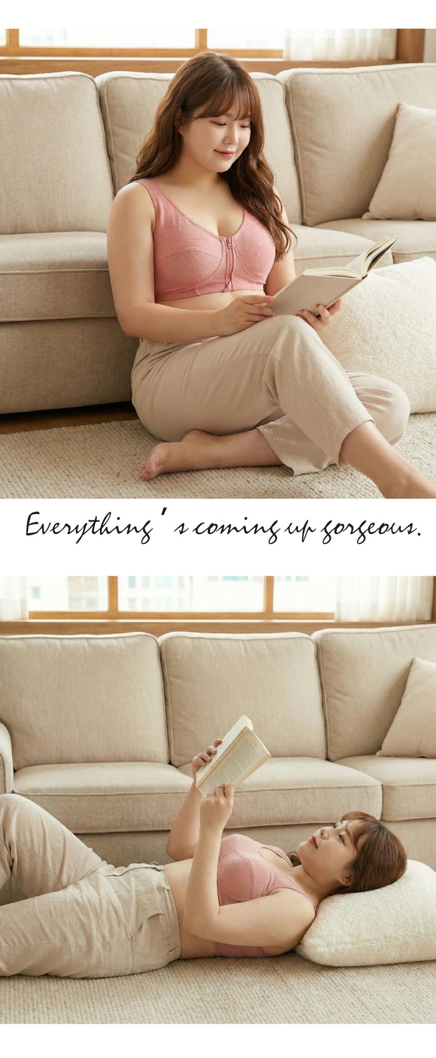 前開式拉鍊 絲棉透氣內衣 38-46 CD罩杯(豆沙色)