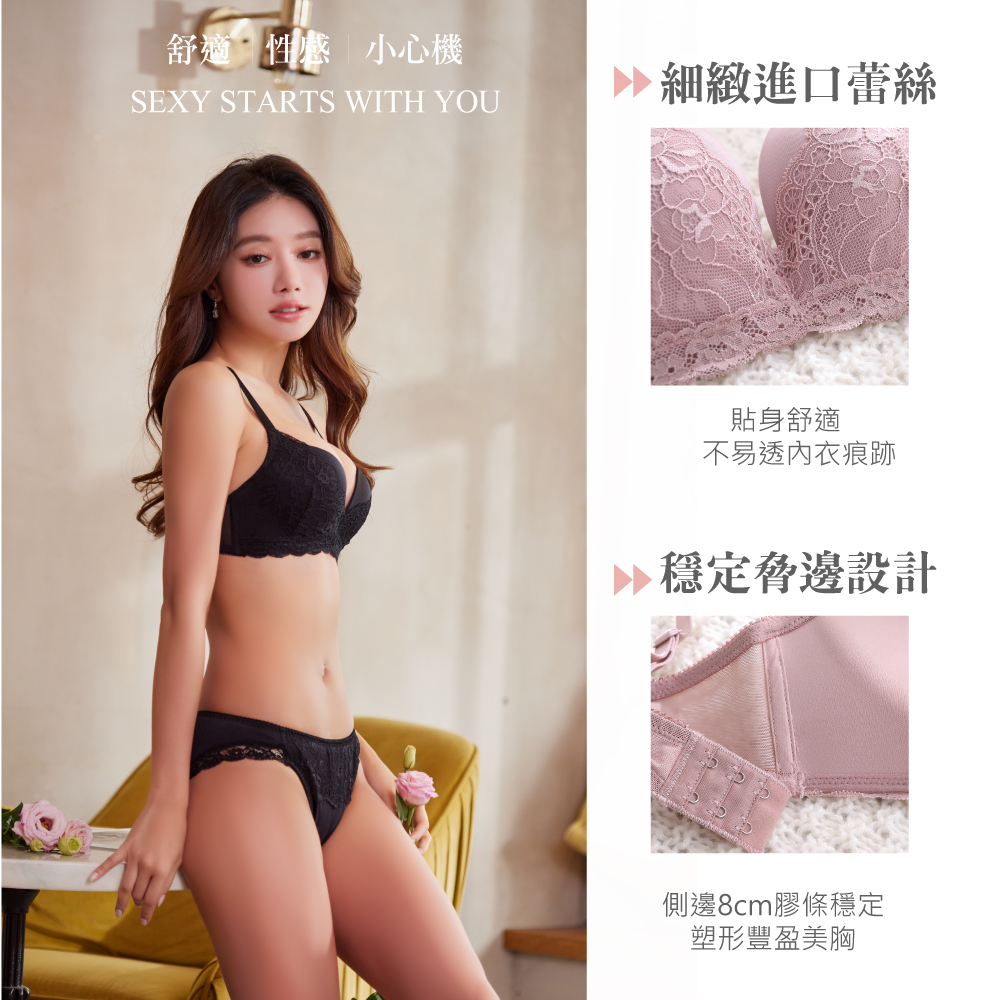 夕光蕾絲 無鋼圈無痕低脊心內衣(藍色)