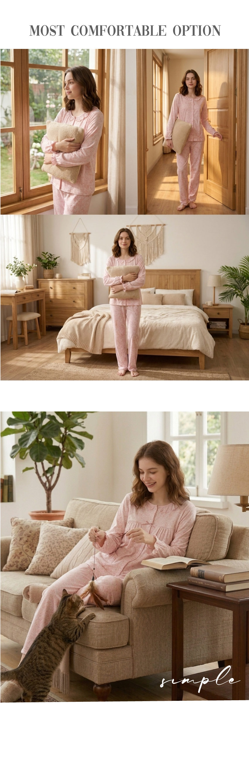浪漫花語 柔軟舒眠棉質 薄款長袖 睡衣睡褲成套組(粉)