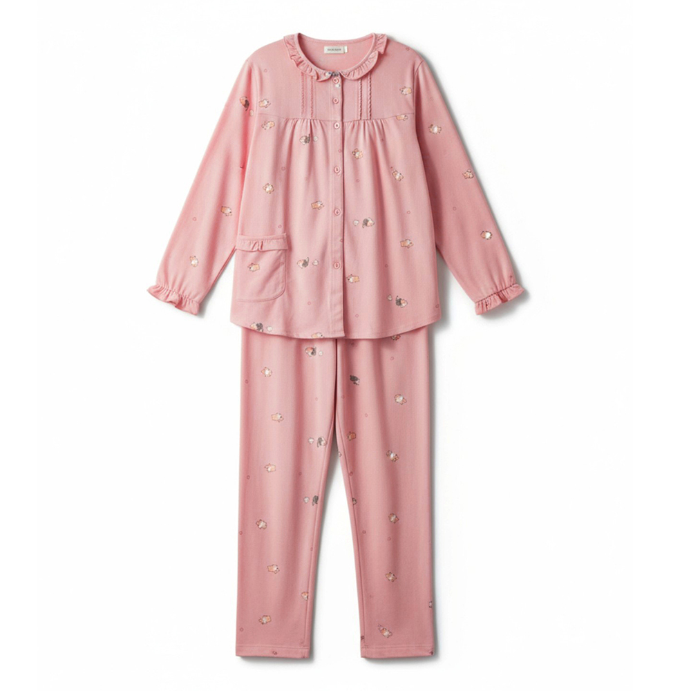 軟萌柯基 柔軟舒眠棉質 睡衣睡褲成套組(粉柑色)