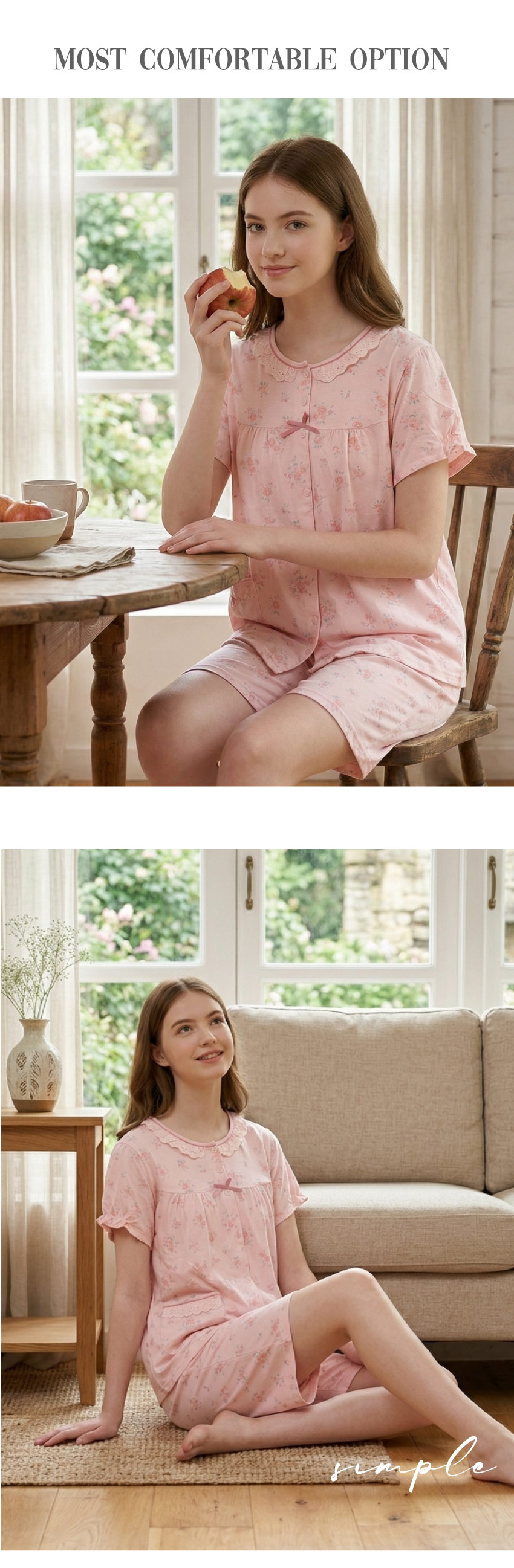水漾小花 柔軟舒眠棉質 睡衣睡褲成套組(粉色)