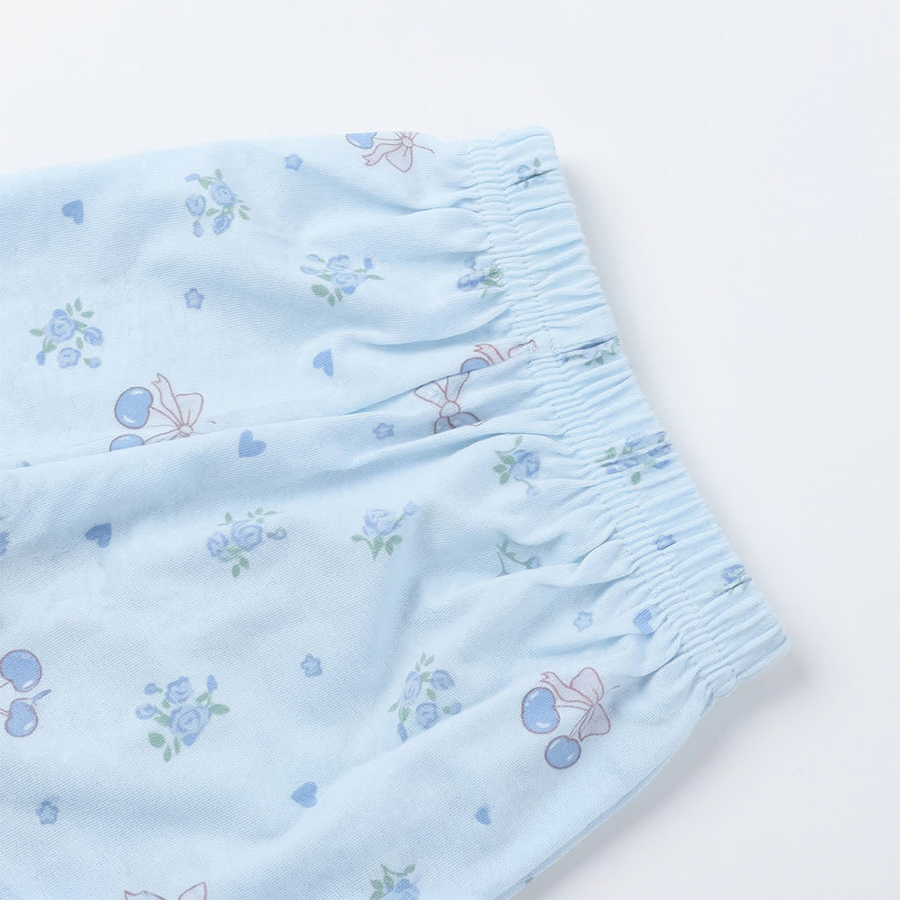 櫻桃小花 柔軟舒眠棉質 睡衣睡褲成套組(藍色)