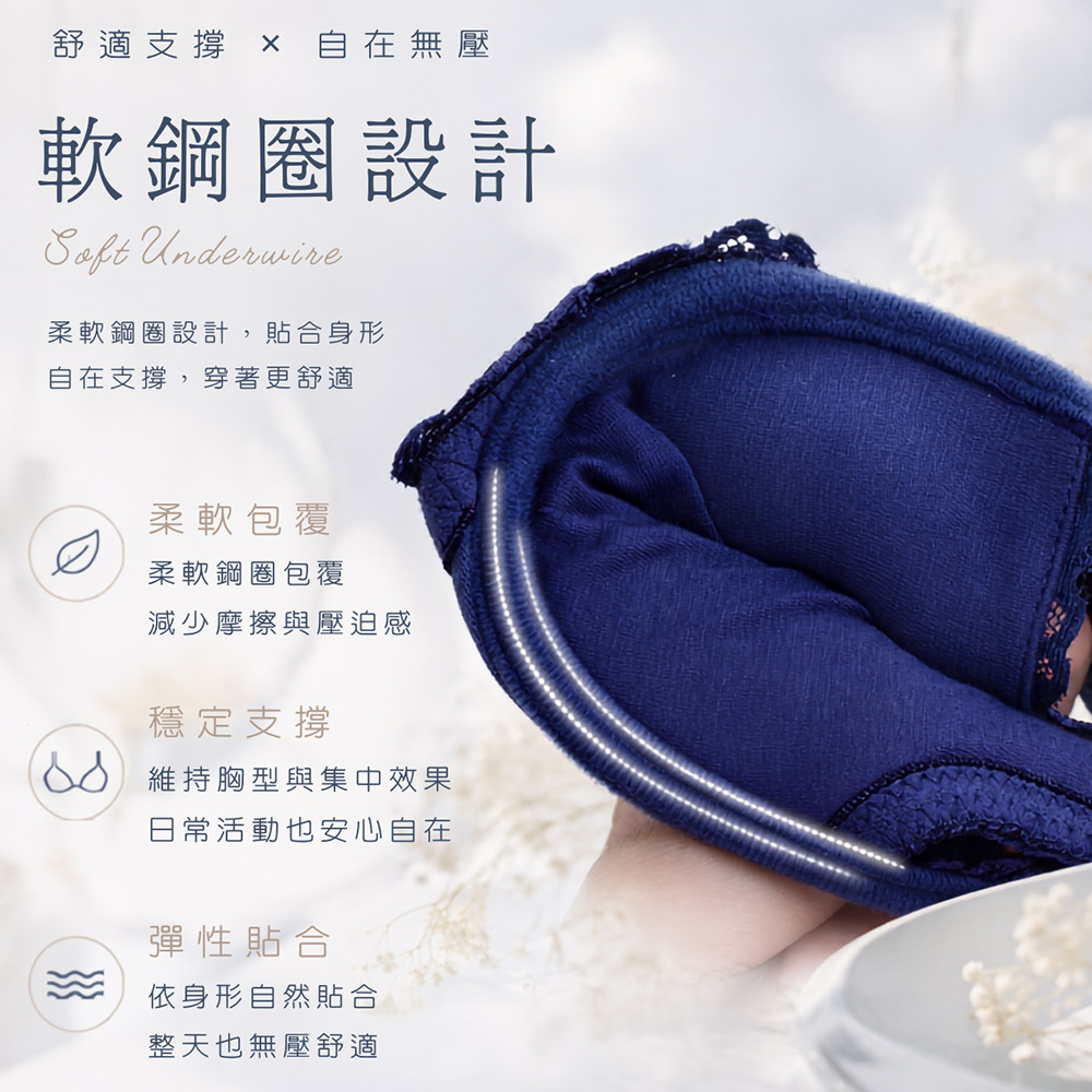 《軟鋼圈》法系女神花雕蕾絲內衣(紫藍色)32-34A