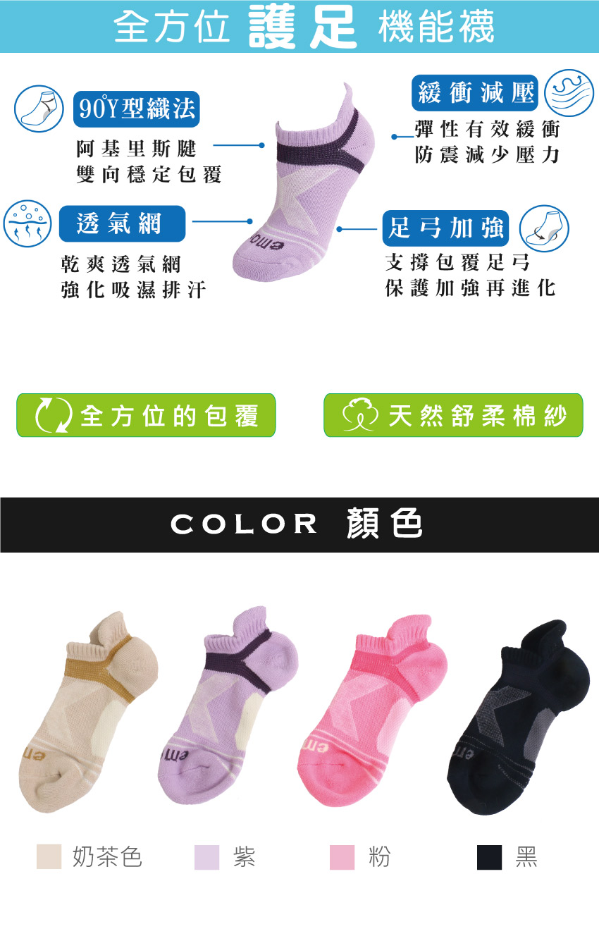 全方位護足 足弓加強 輕機能氣墊襪(紫)