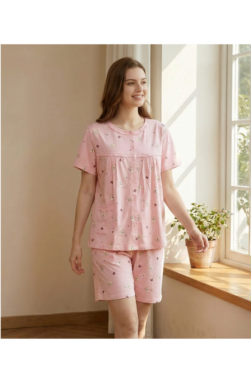 掬米熊熊 柔軟舒眠棉質 睡衣睡褲成套組(粉色)