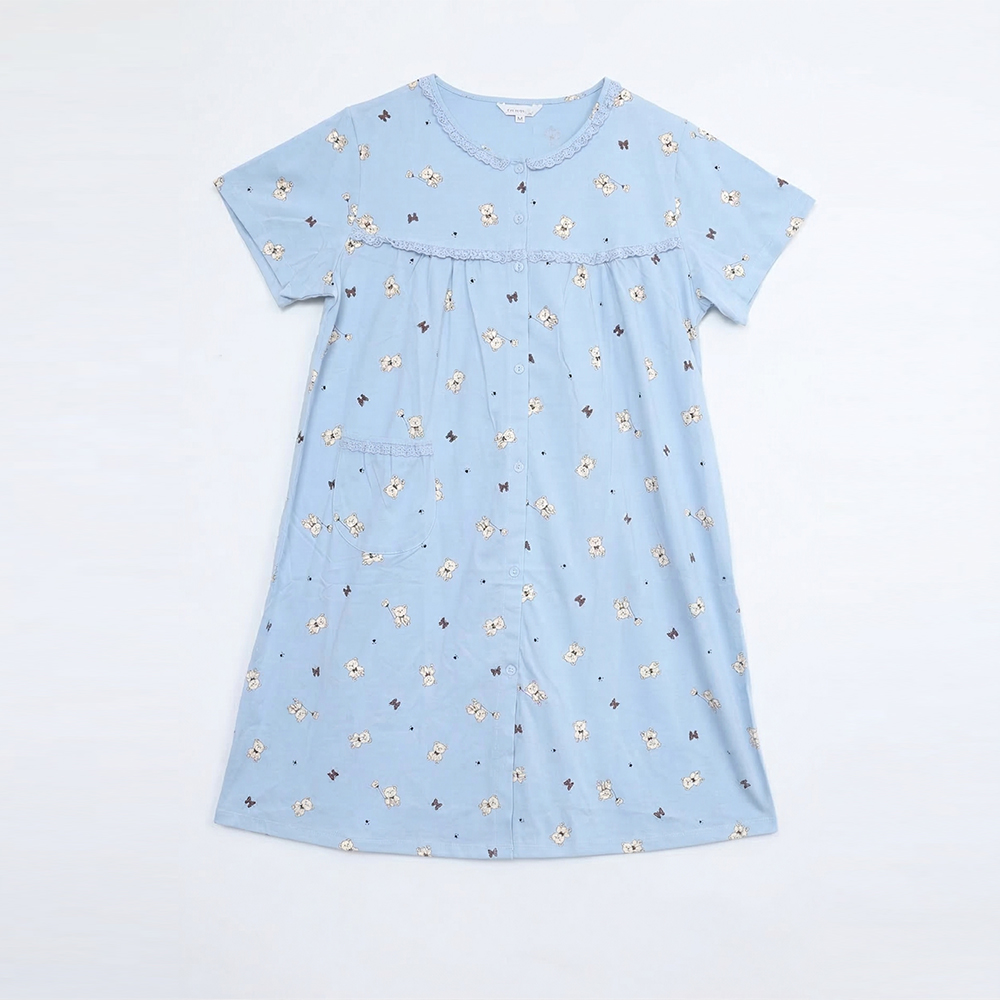 掬米熊熊 柔軟舒眠棉質 連身裙睡衣(藍)