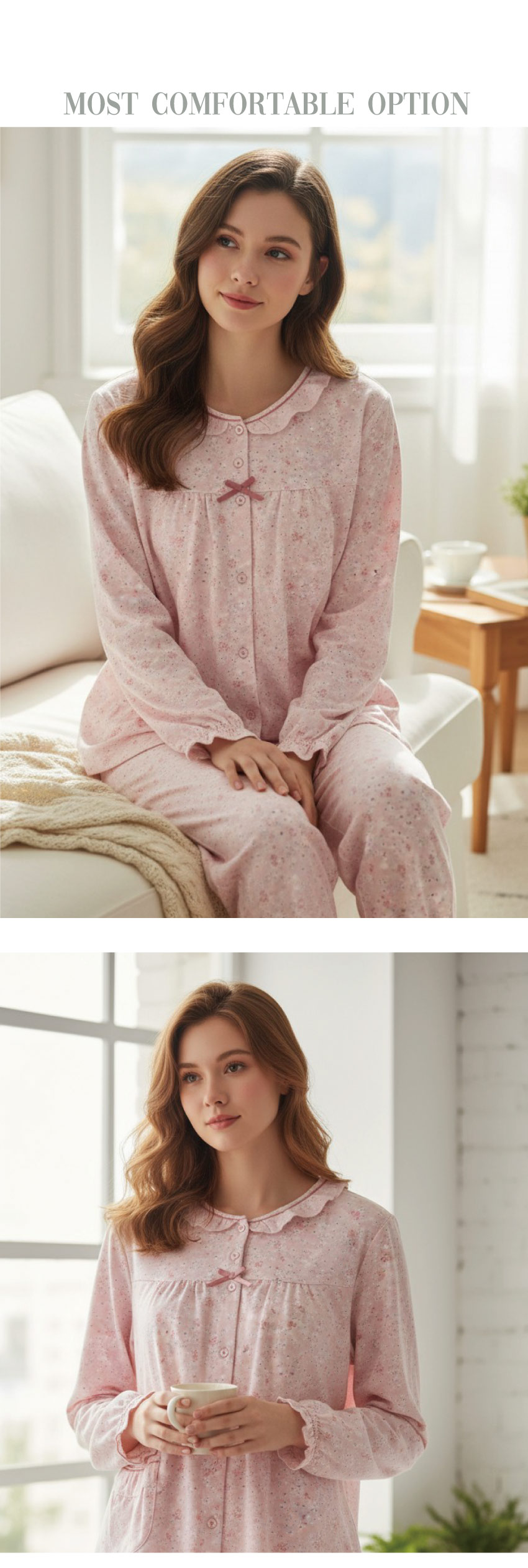 田園小花 柔軟舒眠棉質 睡衣睡褲成套組(粉色)