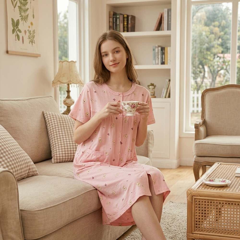 掬米熊熊 柔軟舒眠棉質 連身裙睡衣(粉)