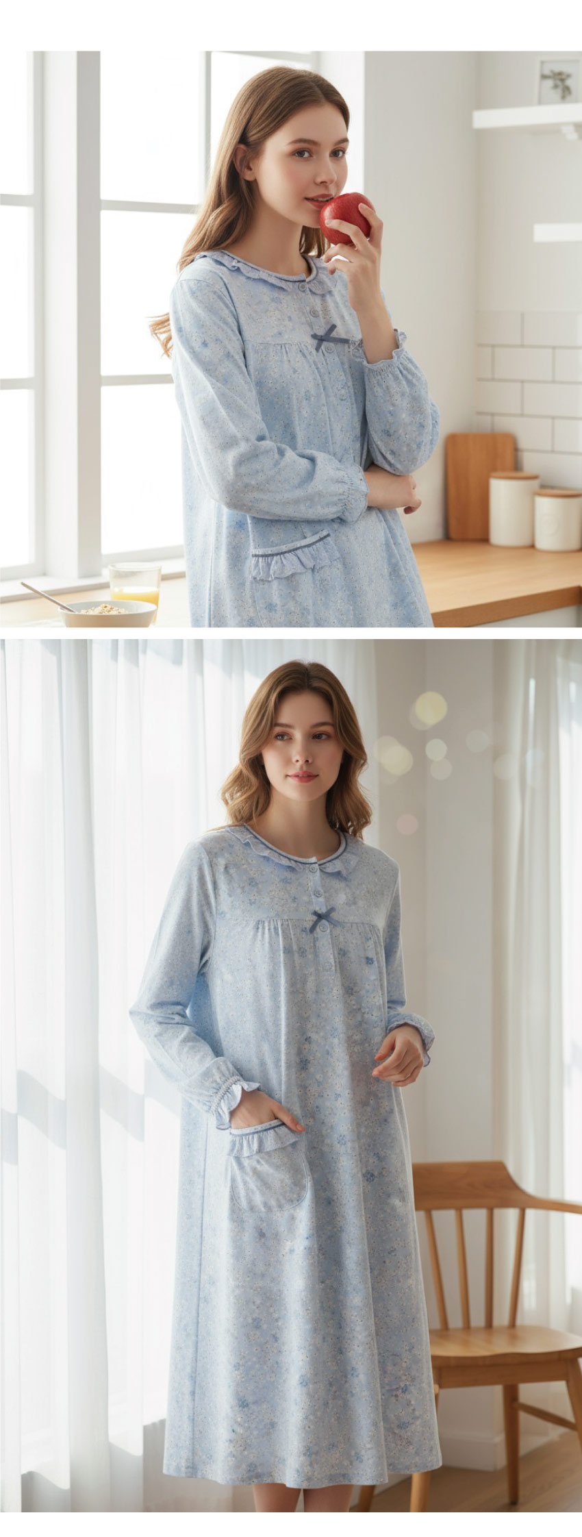 田園小花 柔軟舒眠棉質 連身裙睡衣(藍色)